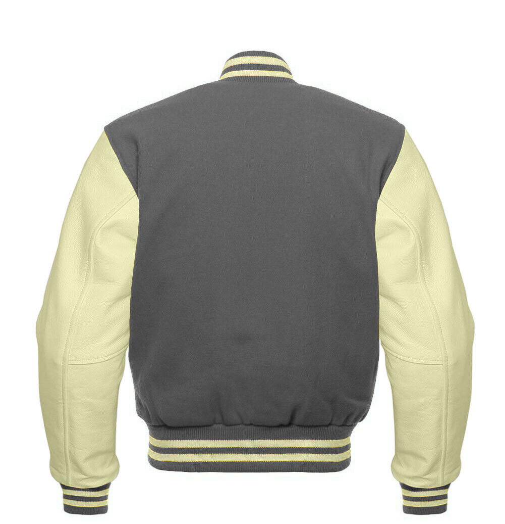 Stussy Varsity Jacket Men Light Gray Wool & Cream Real Leather Best Varsity Jacket DC-1239 - Image 2