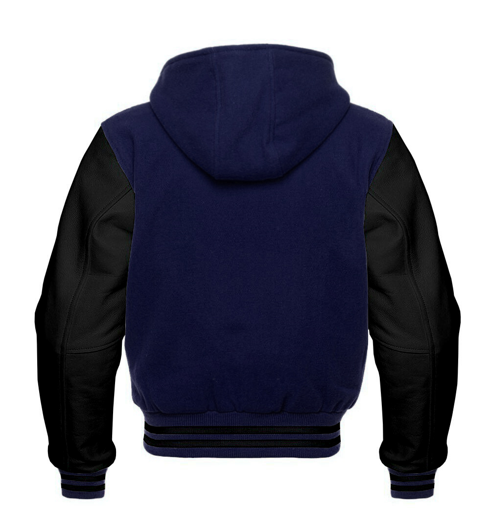 Varsity Hoodie Men's Navy Blue Wool & Black Best Real Leather Varsity Hoodie DC-1309 - Image 2
