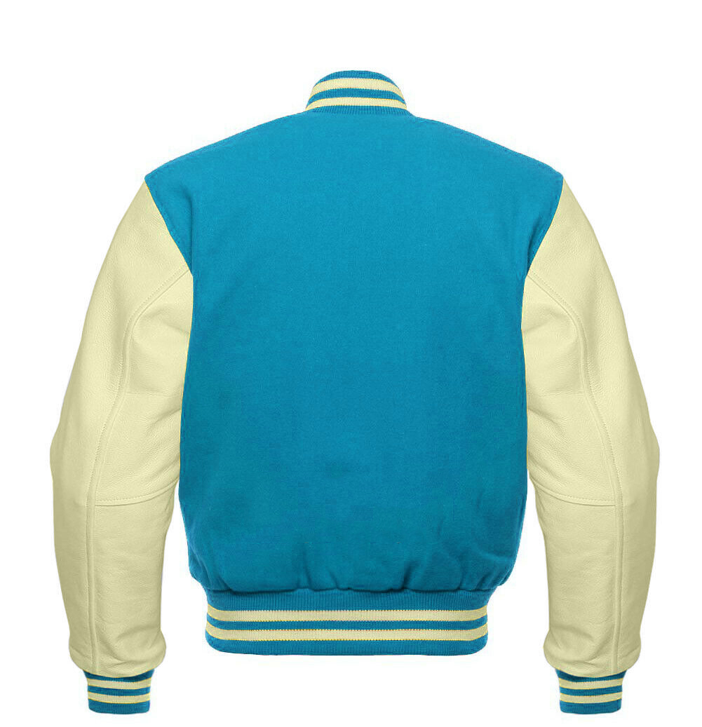 Retro Varsity Jacket Men Sky Blue Wool & Cream Real Leather Best Varsity Jacket DC-1246 - Image 2