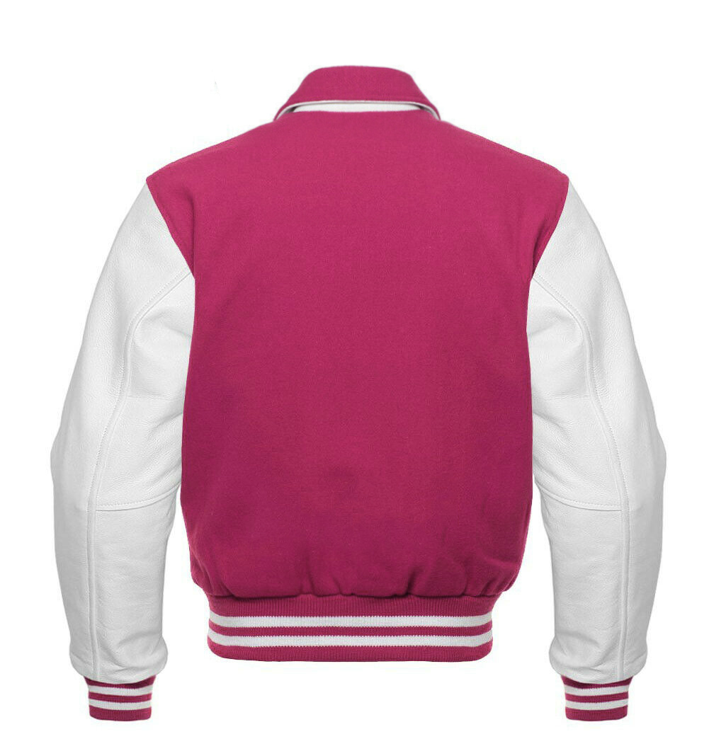 Moncler Varsity Jacket Men's Hot Pink Wool & White Real Leather Collar Best Varsity Jacket DC-1251 - Image 2