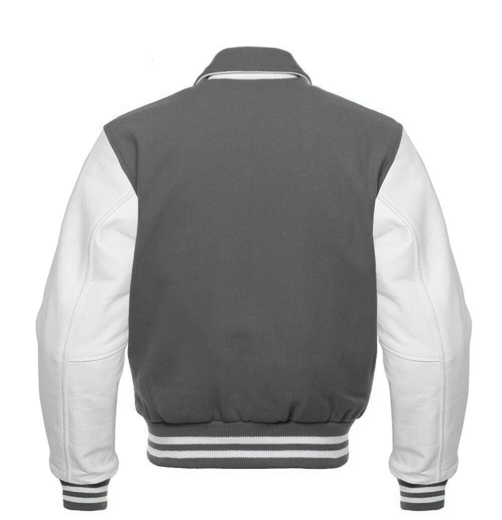 Varsity Jackets Wholesale Men's Light Grey Wool & White Real Leather Collar Best Varsity Jacket DC-1252 - Image 2