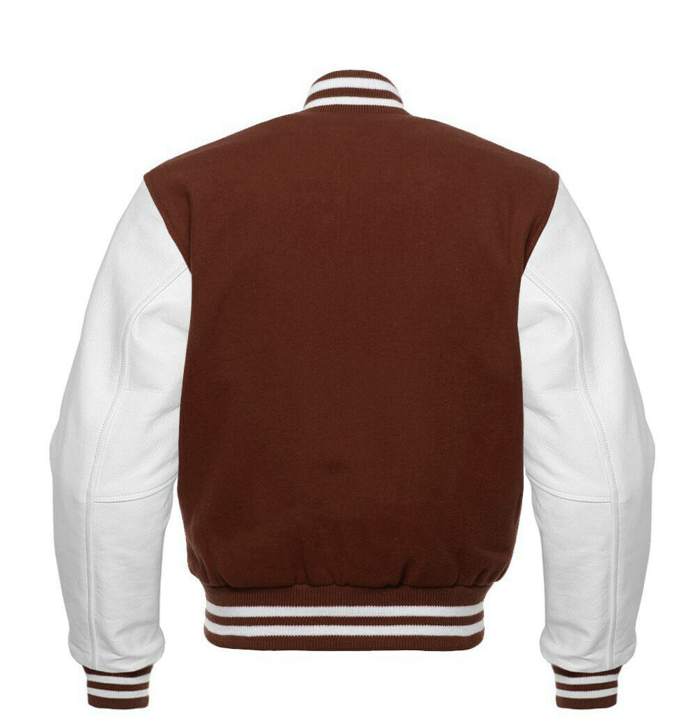 Varsity Teddy Jacket Men's Brown Wool & White Real Leather Best Varsity Jacket DC-1318 - Image 2