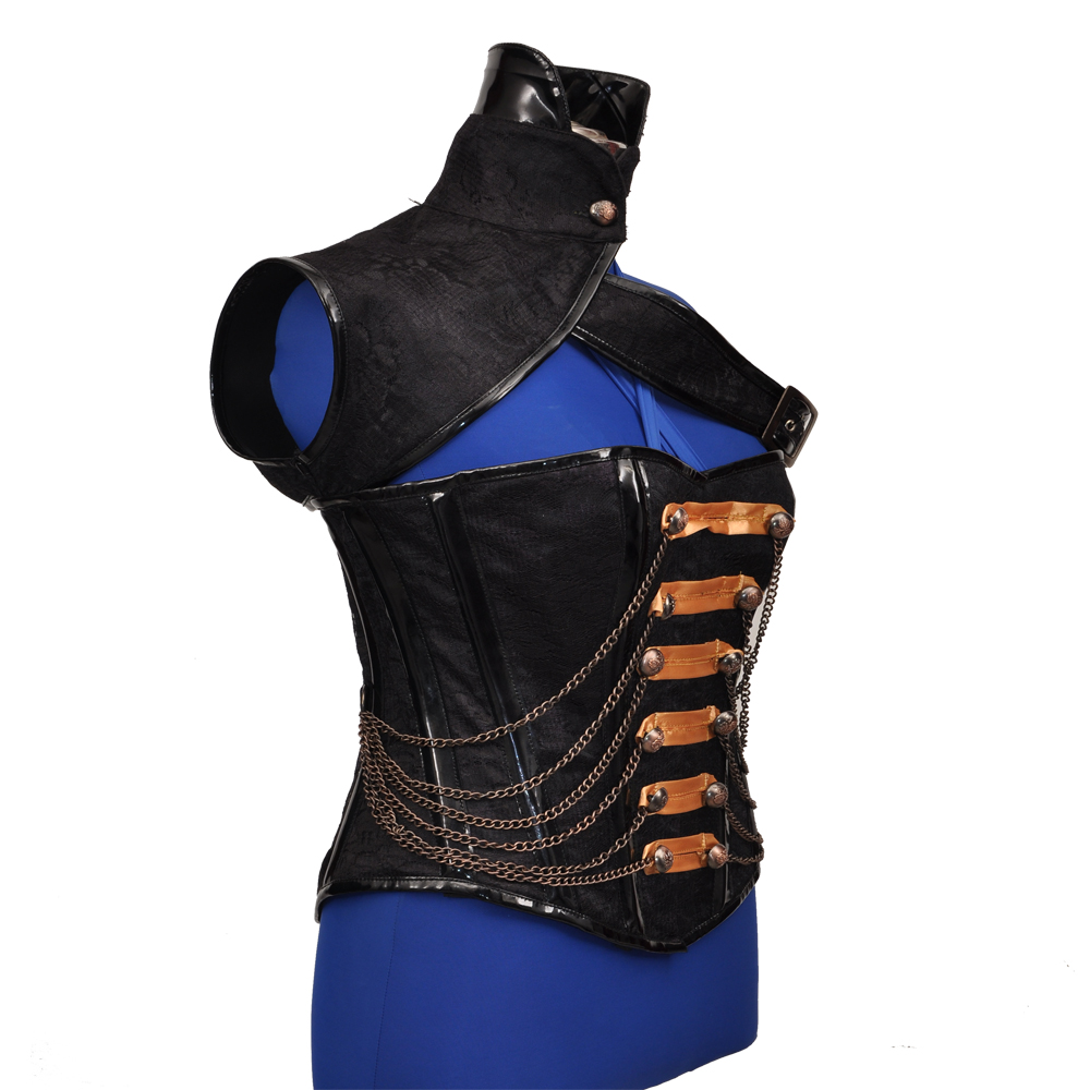 Corset Dresses Formal 26 Double Steel Boned Overbust Black Brocade and PVC Corset DC-647 - Image 2